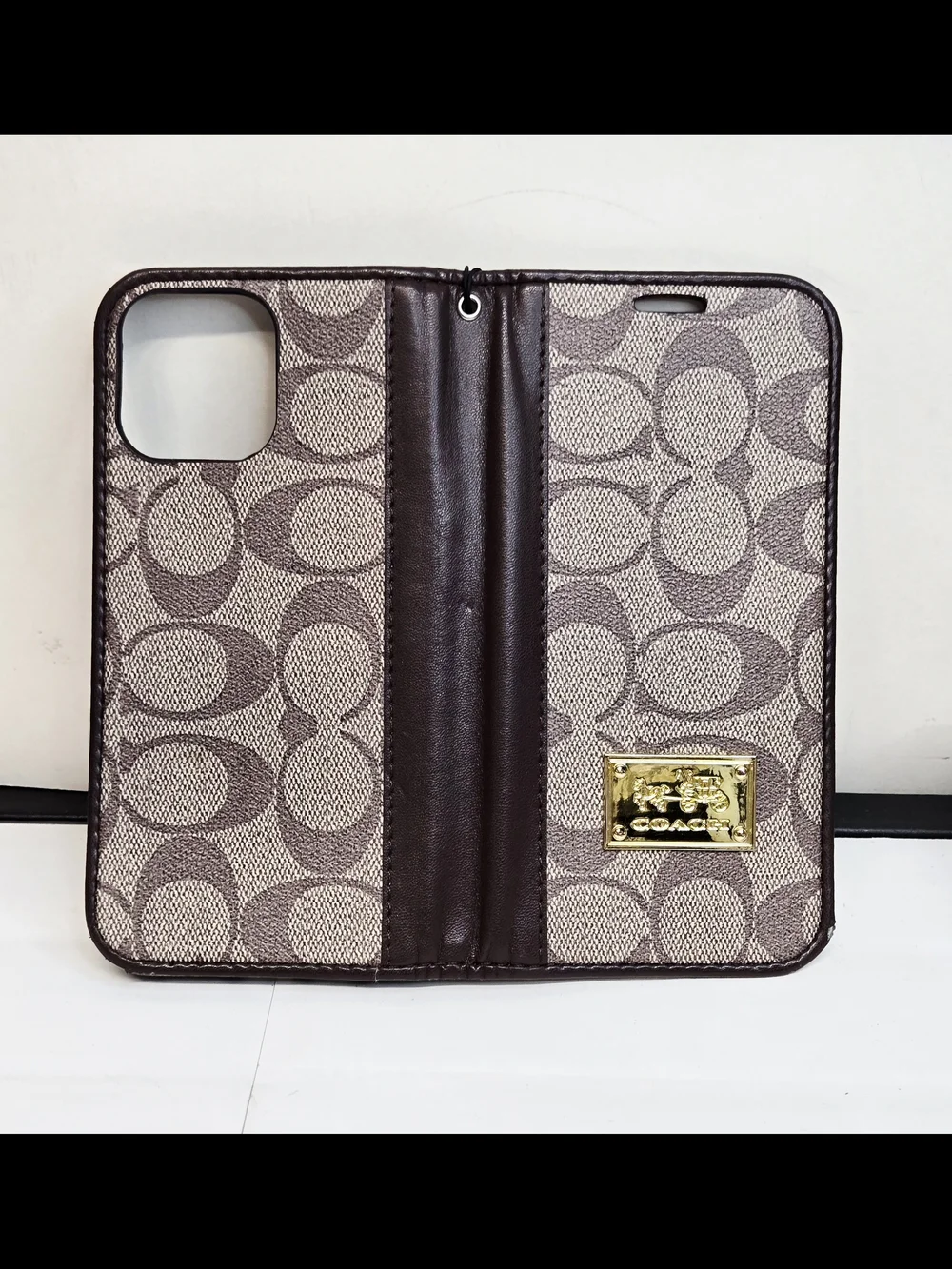 Coach Gold Plaque Signature Canvas Wallet in Beige and Taupe